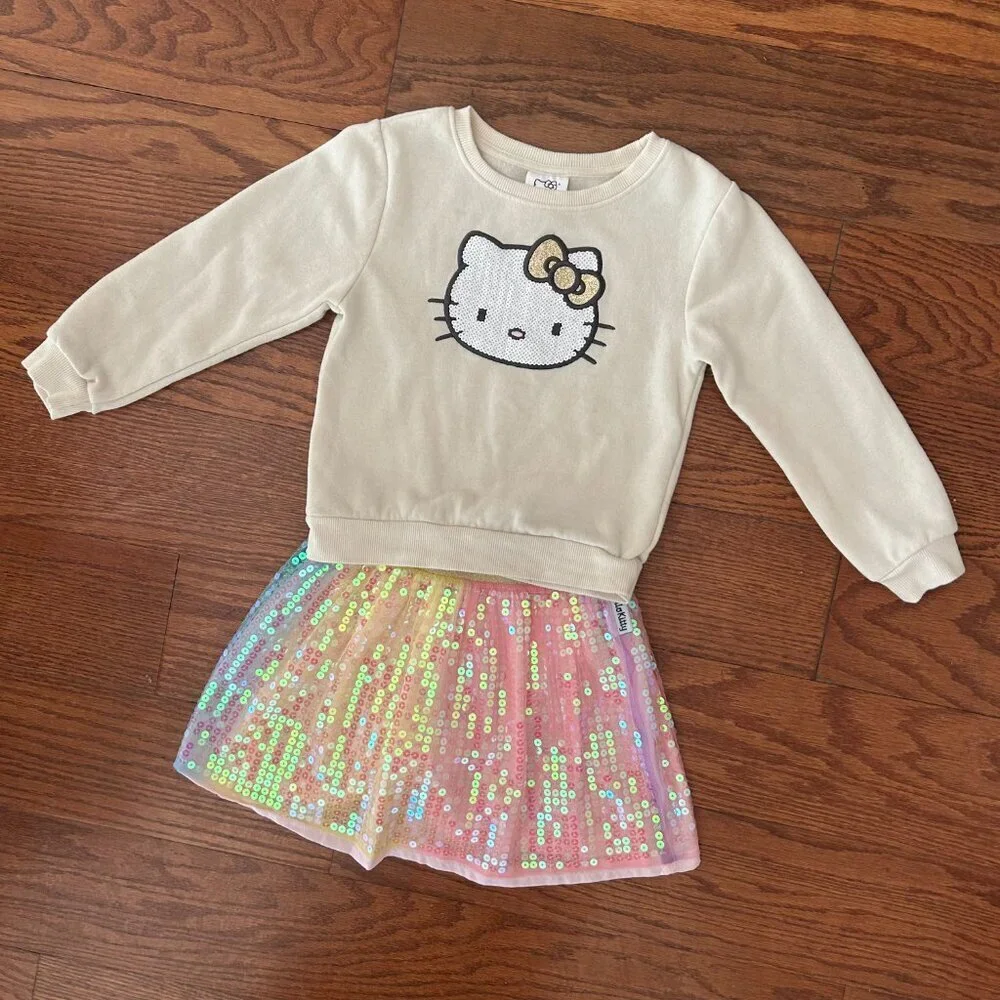 Hello Kitty Girls Size 5 Size 6 Fleece Sweatshirt Matching Sequin Skirt Outfit